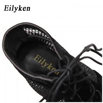 Eilyken 2020 Fashion Black Summer Sandals Lace Up Cross-tied Peep Toe High Heel Ankle Strap Net Surface Hollow Out Sandals